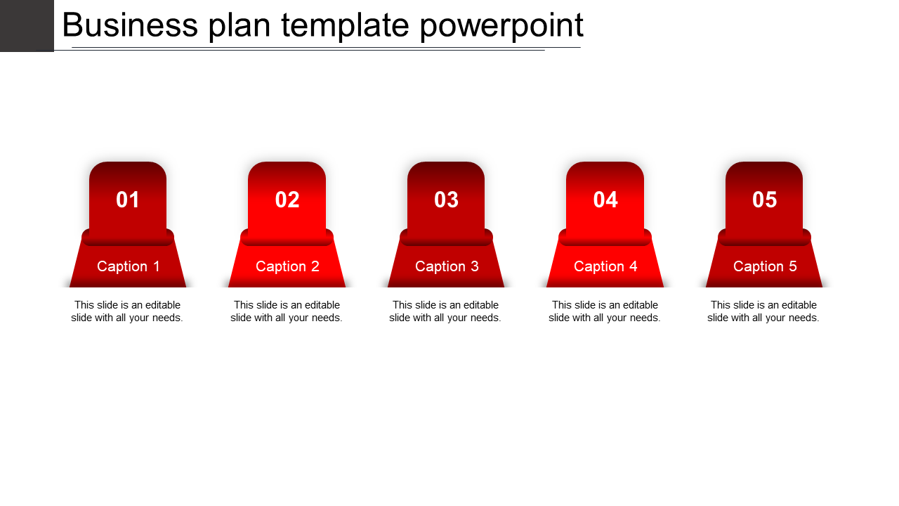 Business plan template with five red steps labeled 01 to 05, each with captions and text below.