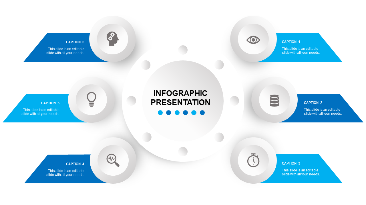 Infographic presentation template with six icons surrounded in a circular form with captions on a blue theme.