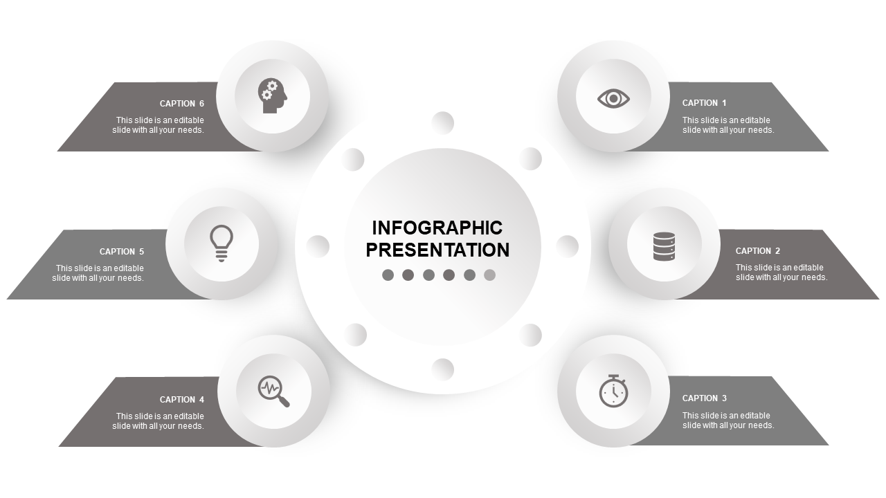 Infographic presentation slide with a central circle and six surrounding icons with captions for content.