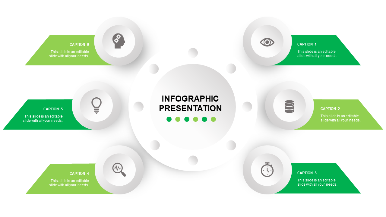 Modern infographic design featuring a central circle and six green caption blocks, each with a unique icon and text.