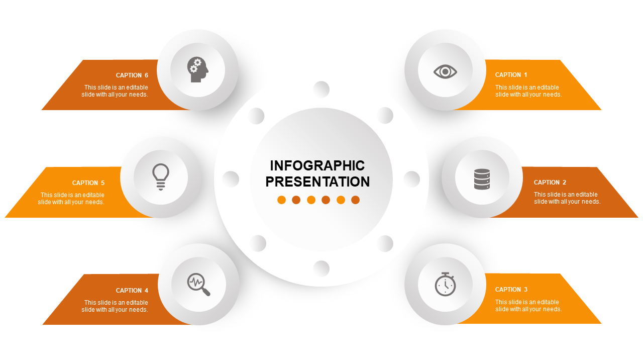 Infographic presentation template with six icons surrounded in a circular form with captions on an orange theme.