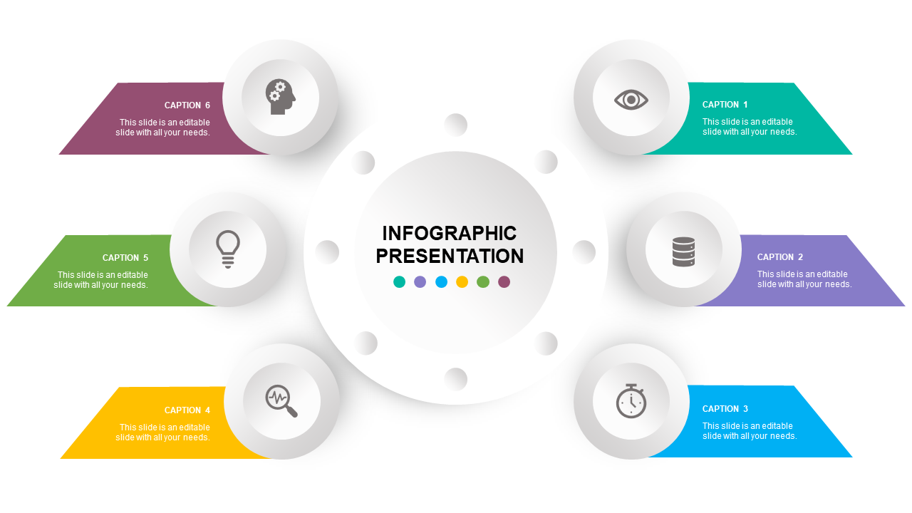 Circular infographic layout with six colorful segments and icons around a central white circle on a clean background.