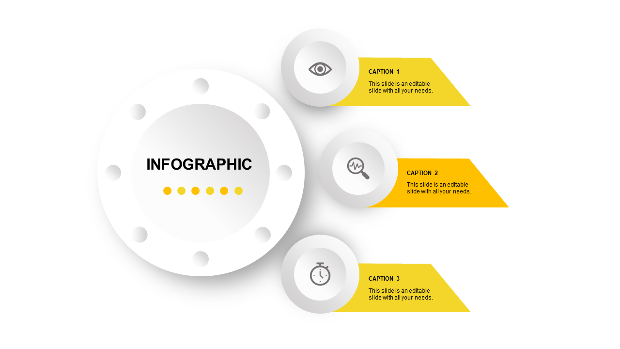 Infographic PowerPoint template with a central circle and three yellow caption boxes highlighting key topics with icons.