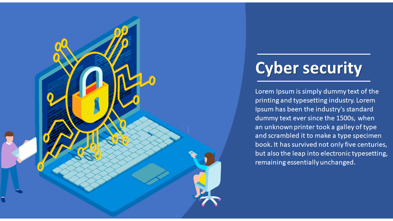 Blue themed cyber security slide showing a lock on a laptop screen with a network pattern, symbolizing digital security.