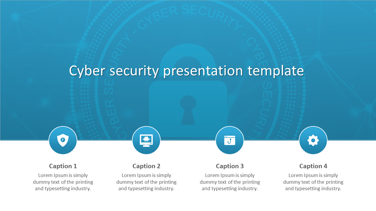 Slide with a large lock icon in the background and four captions with icons representing security aspects.