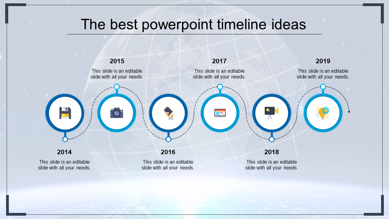 PowerPoint timeline design with blue circular markers for the years 2014 to 2019, featuring icons for each milestone.