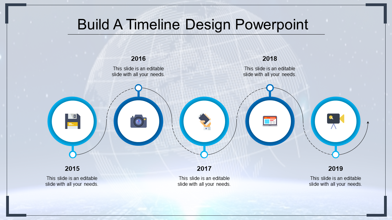 Blue themed timeline with circular icons for years 2015 to 2019, each containing tech related symbols and milestones.