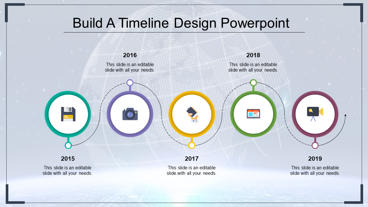 A timeline PowerPoint slide with circular icons for each year, representing 2015 to 2019, with text beside each milestone.