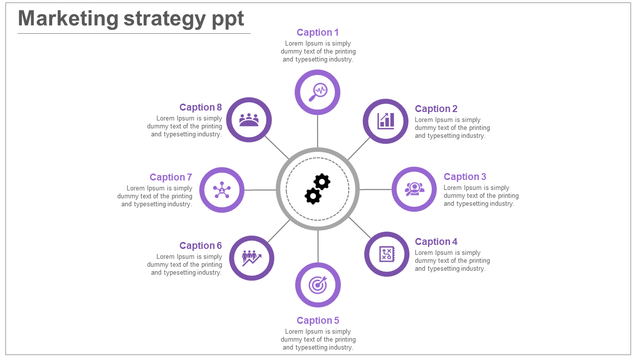 Marketing strategy PowerPoint template with eight sections, each represented by purple icons with captions.