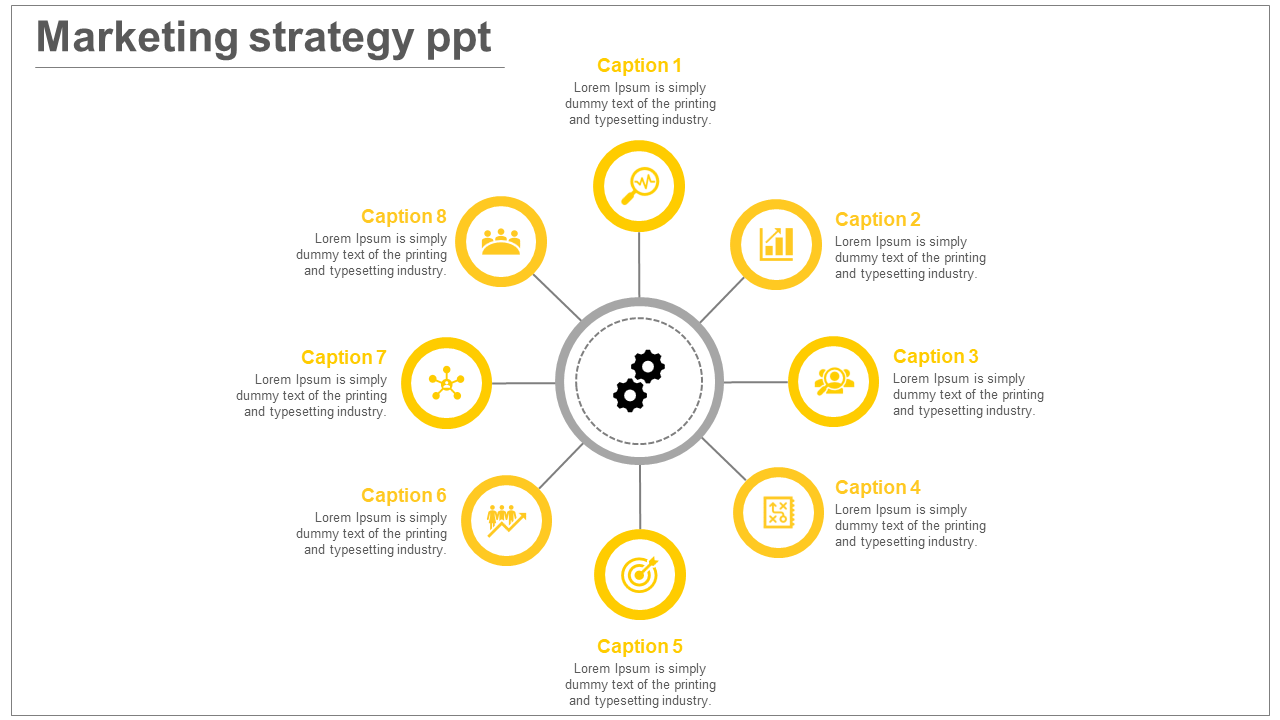 Central gear symbol surrounded by eight numbered yellow icons and captions for a marketing strategy template.