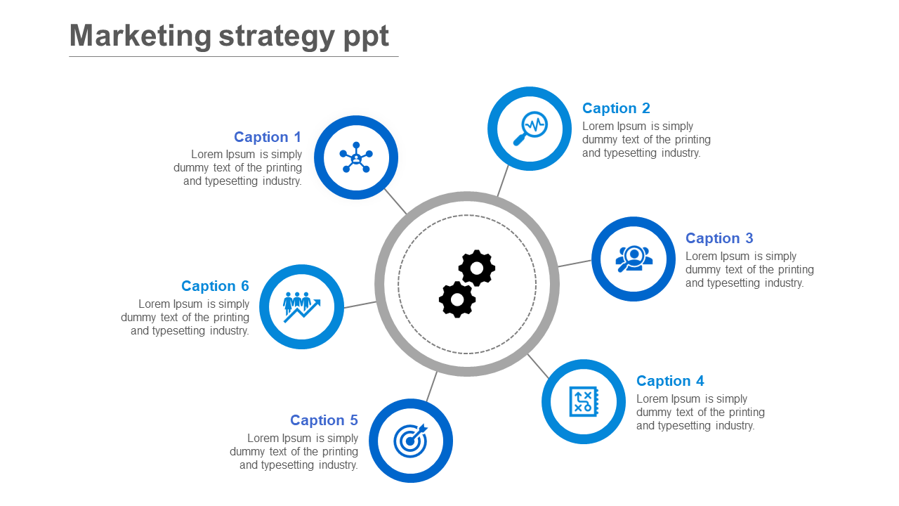 Business strategy template with six circular icons and descriptions, connected to a central gear, in blue and gray.