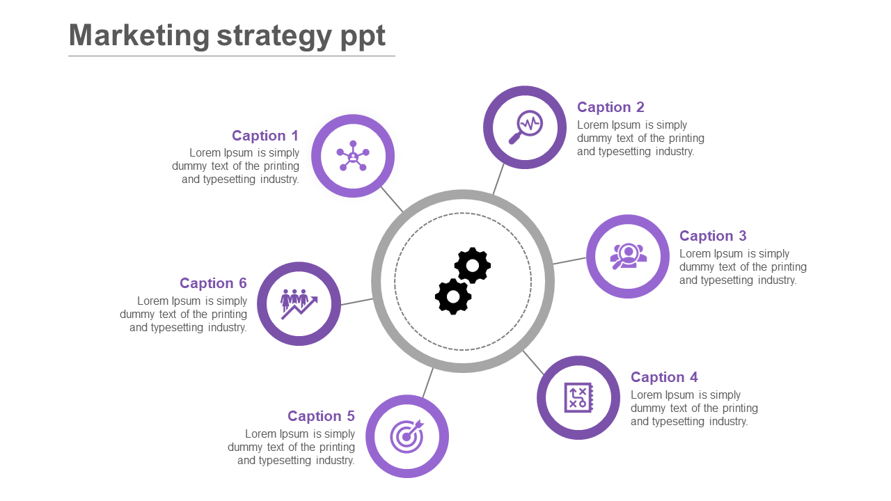 Central gray circular diagram with gear icon, links to six purple circles, each containing an icon, forming a radial design.