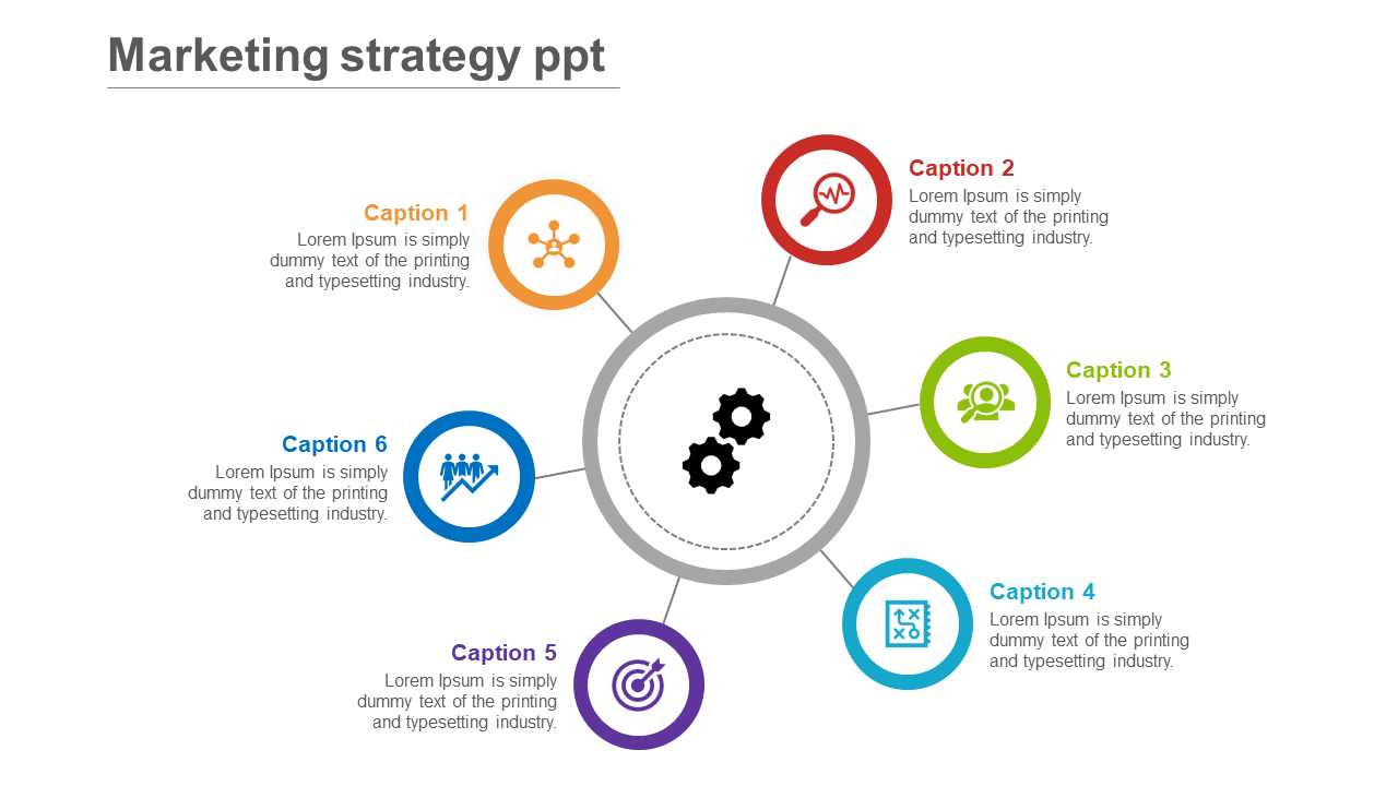 Marketing strategy infographic with six colored icons around a central gear, each with a placeholder text area.