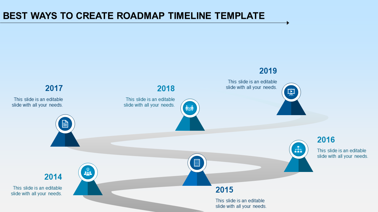 Blue roadmap timeline with triangular markers for years 2014 to 2019, each with an icon and text placeholders.