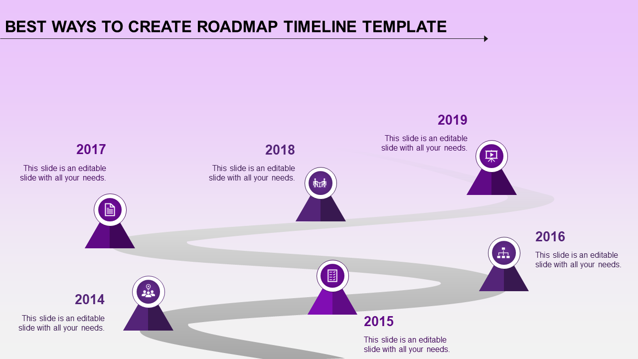 Roadmap timeline featuring a winding path and yearly milestones from 2014 to 2019, each highlighted with caption areas.