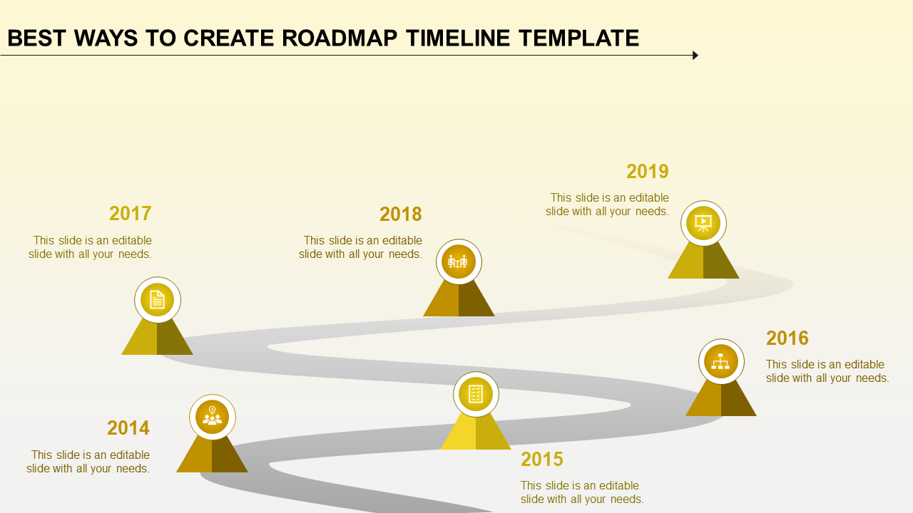 Roadmap timeline PPT template showing milestones from 2014 to 2019 with yellow icons for each year with placeholder text.