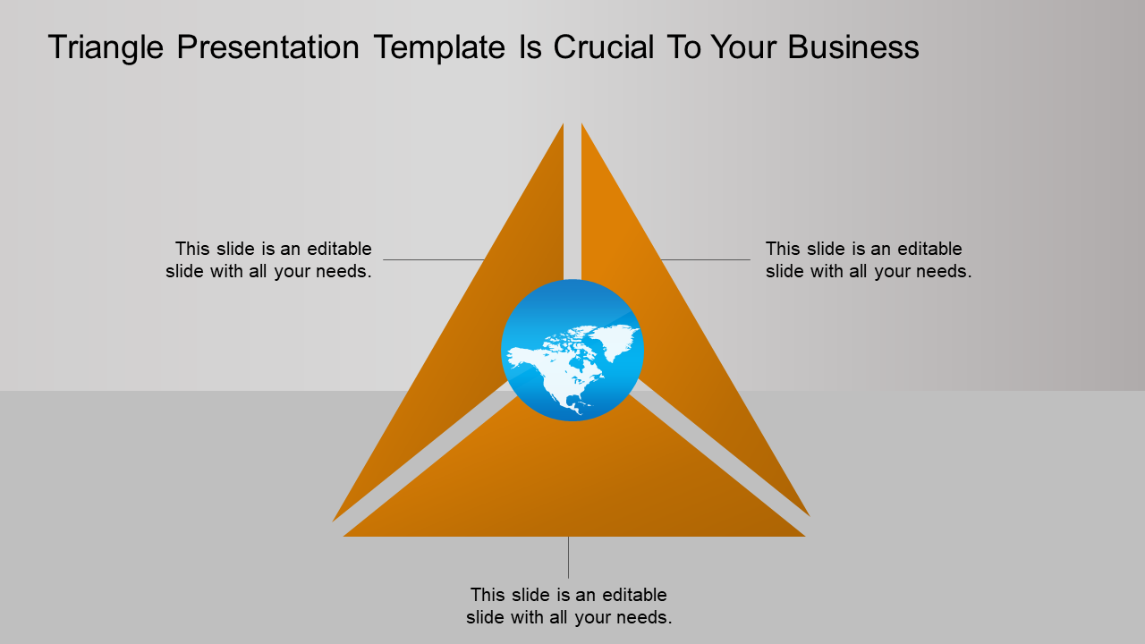 Minimalist triangle template in orange colour with world map icon and placeholde text areas.