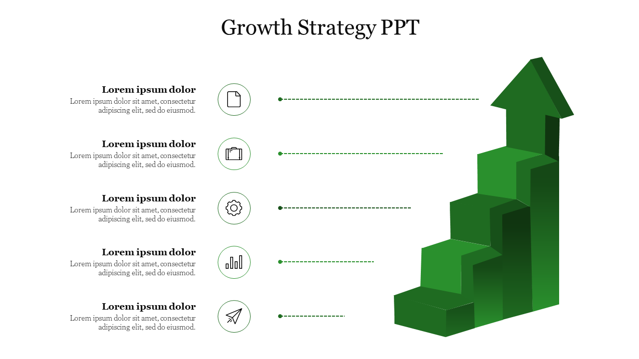 Green staircase chart with upward arrow on the right, paired with five icons with text on the left.