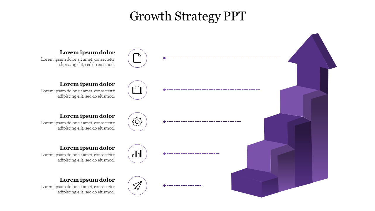 Purple arrow staircase symbolizing growth, paired with icons and text descriptions in a linear layout.