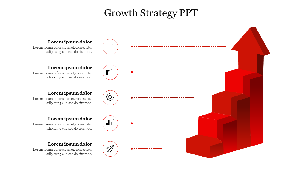 PowerPoint slide featuring a growth strategy concept with icons for each stage and a 3D arrow pointing upward.