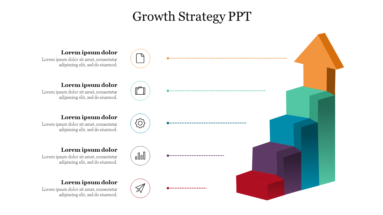 Slide featuring a multicolored 3D staircase chart with an upward arrow, paired with five labeled text sections and icons.