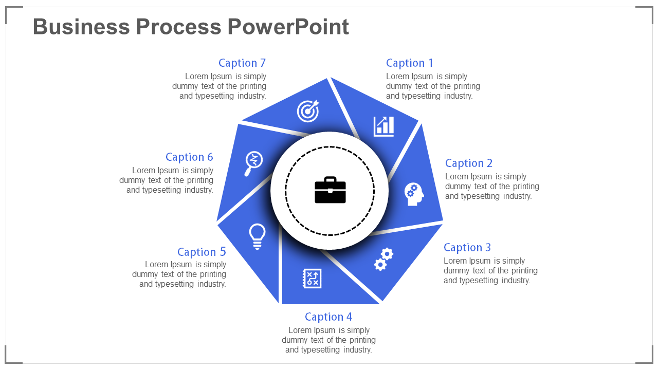 Business process PPT template with a blue circular flowchart, featuring seven sections, each with an icon and caption.