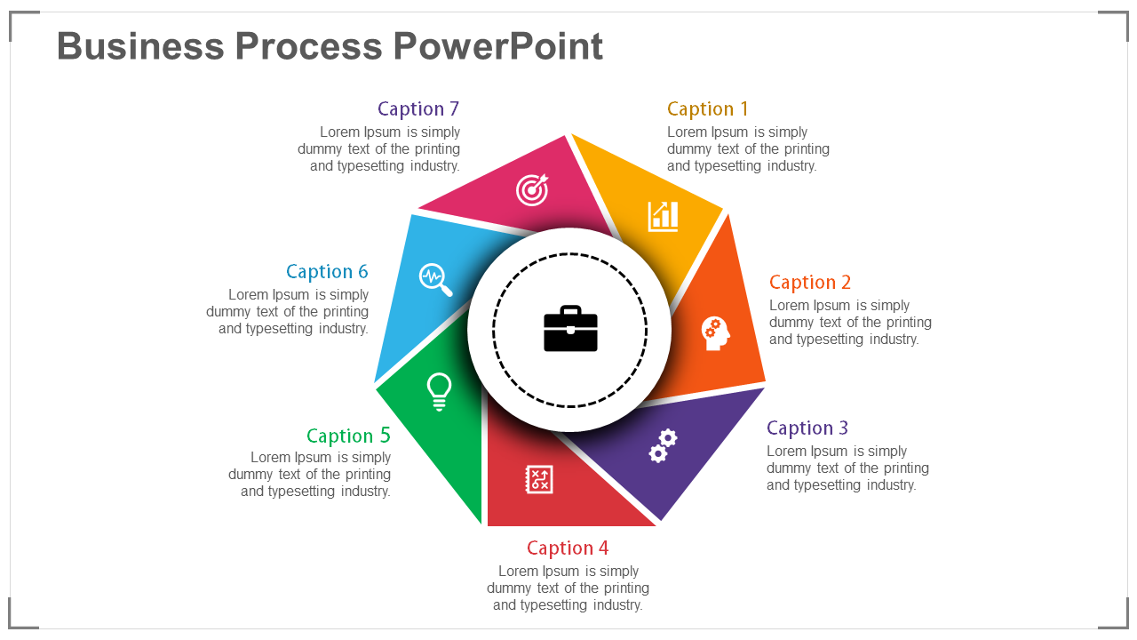 Business process diagram with a central icon and multicolored segments arranged in a circular pattern.