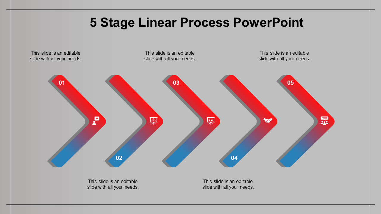 Five stage linear process diagram with gradient red and blue arrows, labeled with numbers, on a gray background.