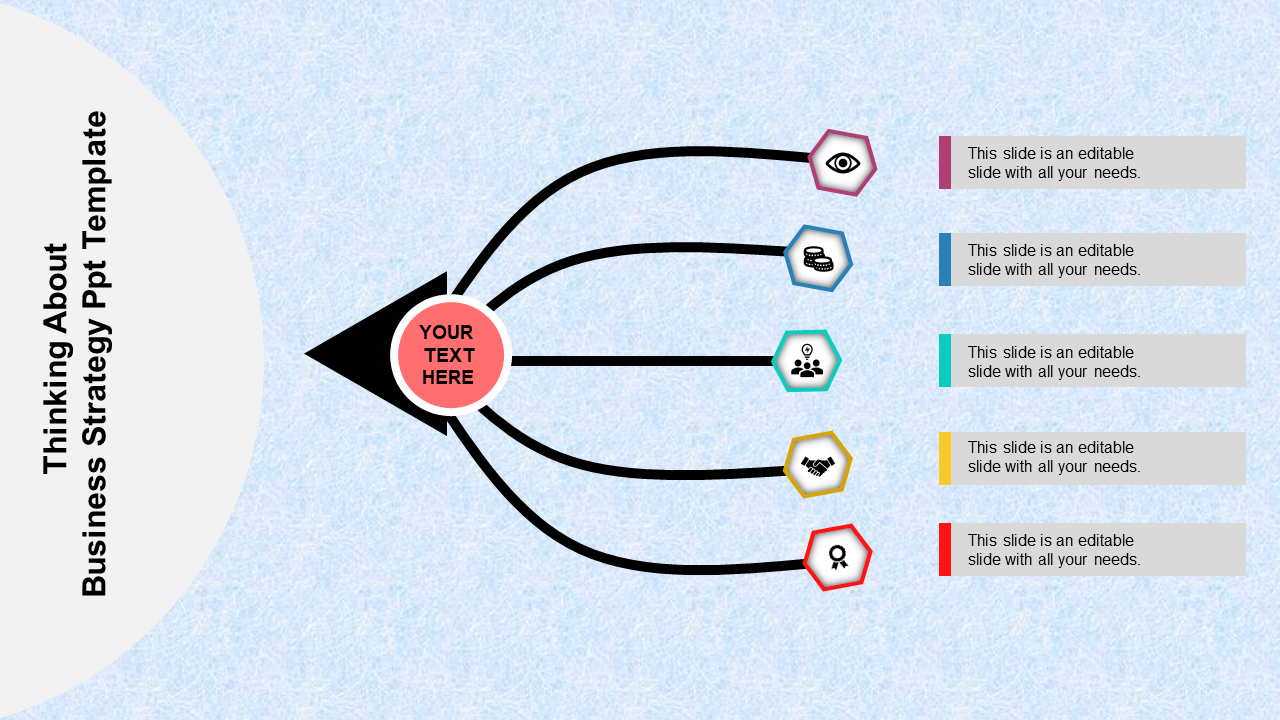 Business strategy slide with a black arrow splitting into five branches, each linked to hexagonal icons and labels.