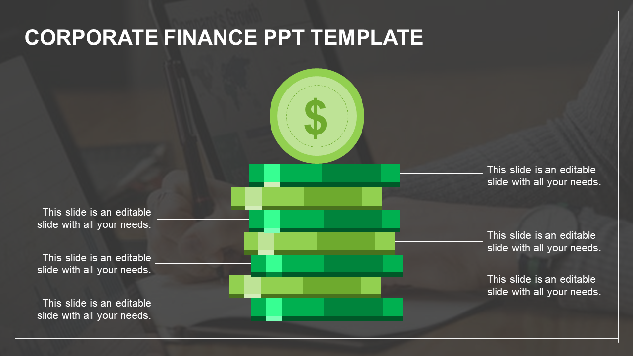 Business finance template featuring a green coin on stacked rectangles, with captions on a dark overlay.