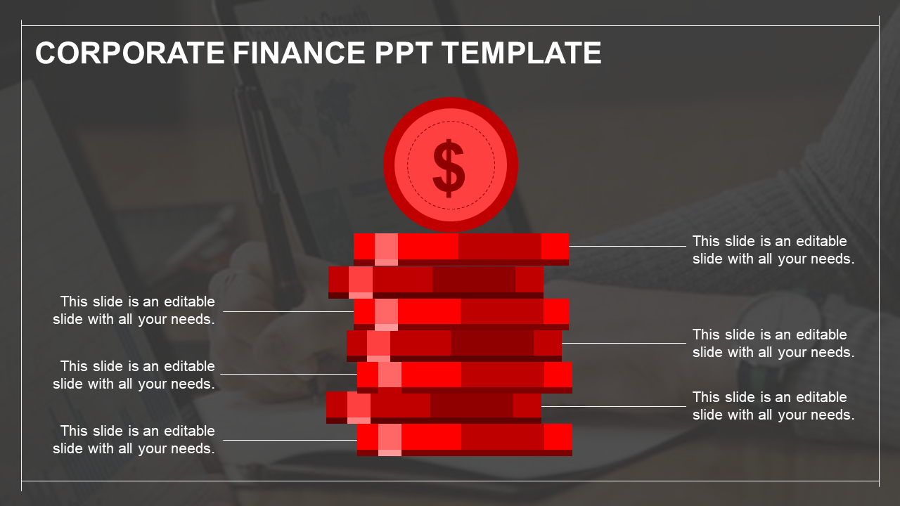 Corporate finance template featuring a stack of red blocks and a dollar coin, with text placeholders on the sides.