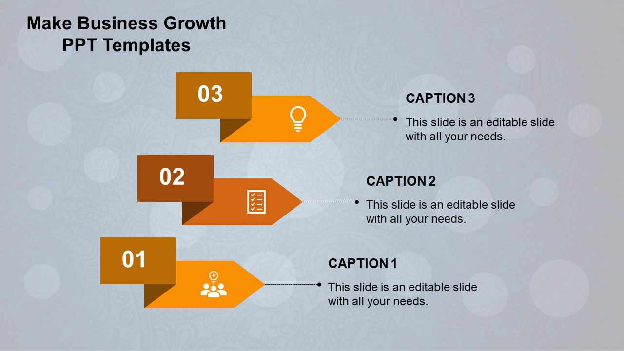 Business growth PowerPoint template with three captions, each marked by numbers and icons, against a patterned background.