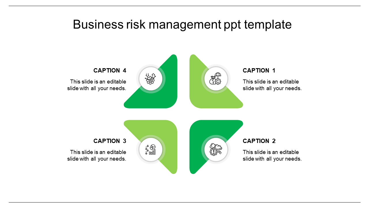 Business risk management template with circular icons and captions arranged in a quadrant.