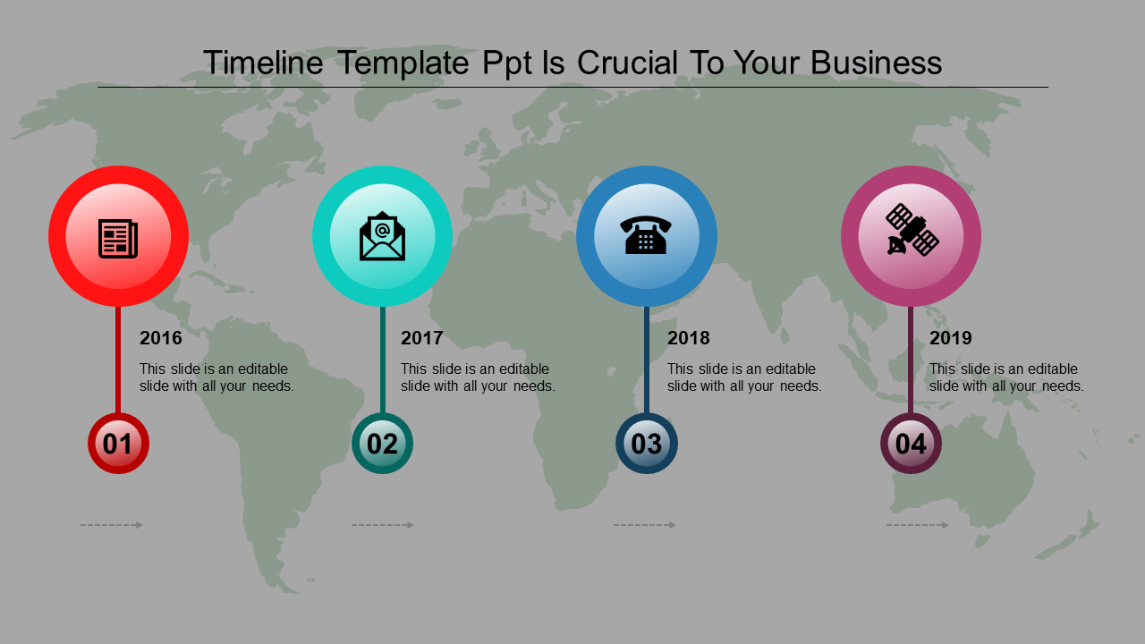 PowerPoint slide featuring a global timeline with colorful icons for important milestones from 2016 to 2019 with captions.