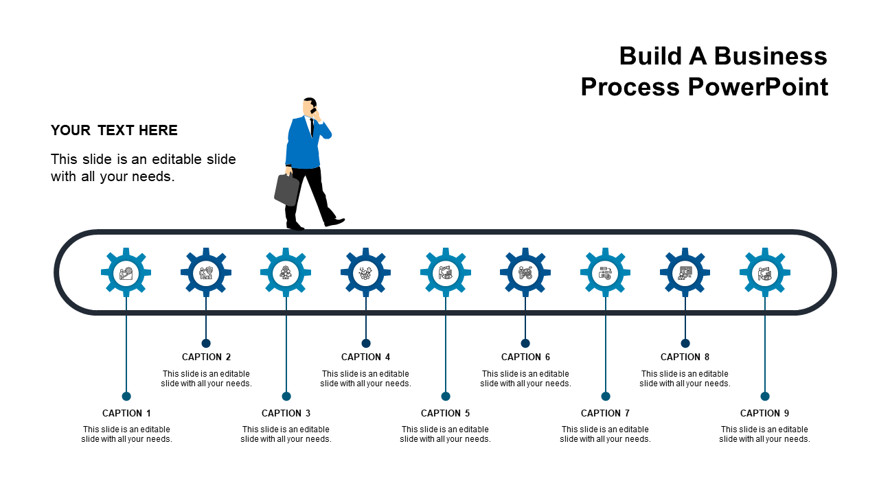 A professional business process PowerPoint template with a walking figure and labeled gears for each step in the process.