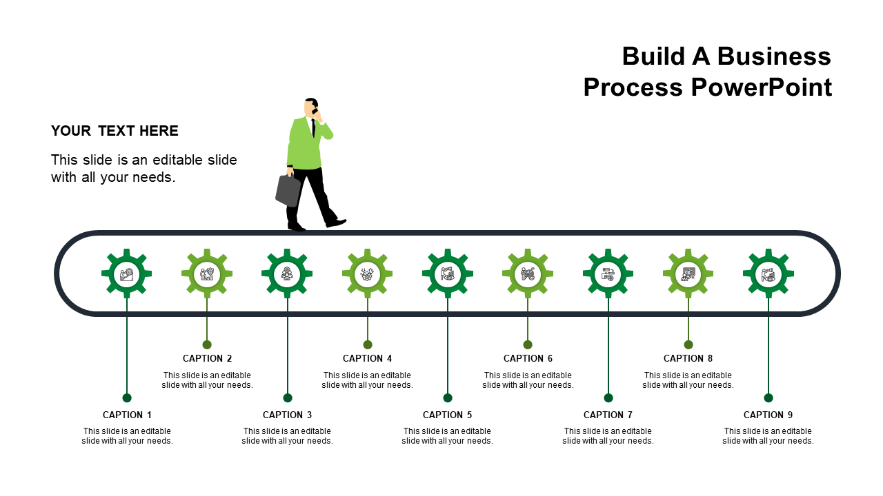 Business process infographic with a conveyor belt-like path showing nine green gear icons connected to captions below.