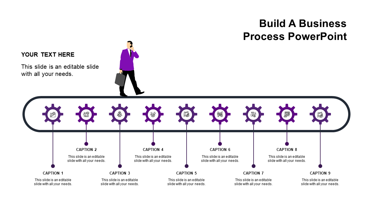 A conveyor belt style business process diagram with nine purple gears, captions, and a businessman walking on top.