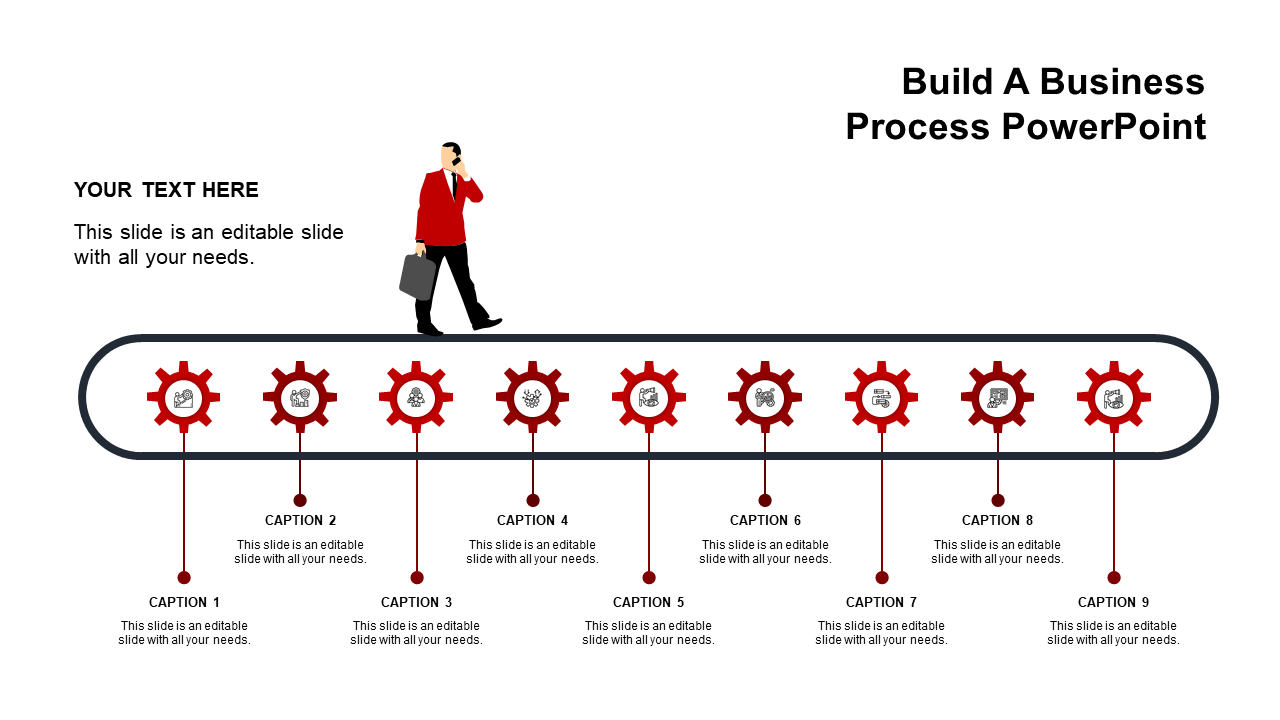 A conveyor belt with nine red gears, each linked to captions below, and a businessman walking on top.