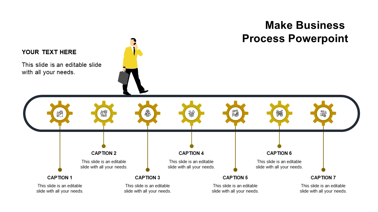 Illustration of seven step business process with yellow gears, captions below, and a person walking on top.