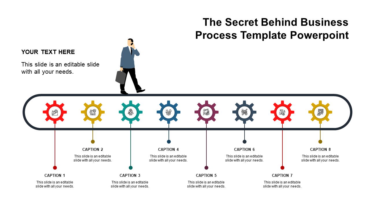 A business process PPT slide with eight sections, featuring colorful gears representing stages in the process with captions.