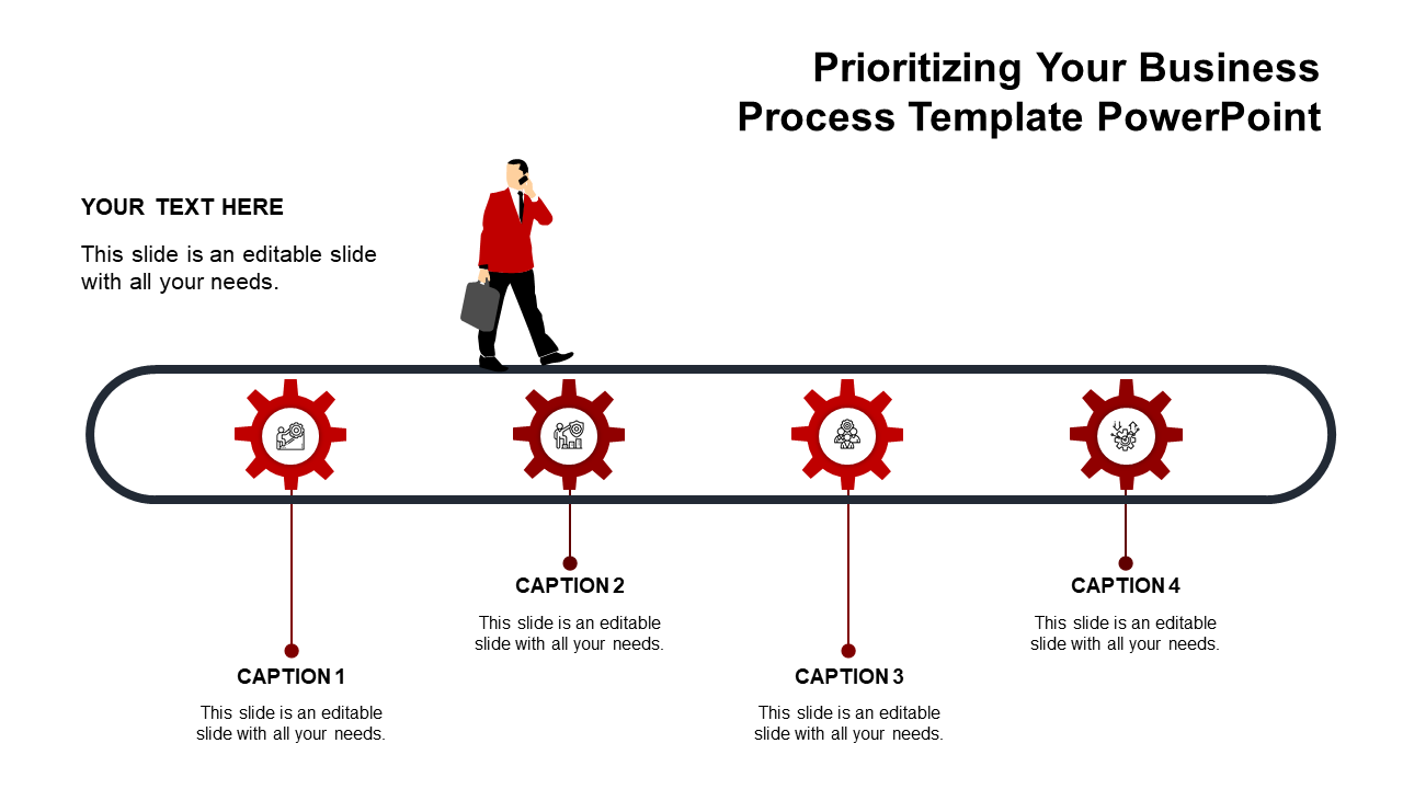 Business themed process flow with a conveyor belt, featuring four red gear icons and a businessman walking on top.