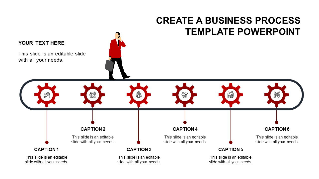 A professional timeline PPT template with red gears and a business figure with captions and placeholder text.