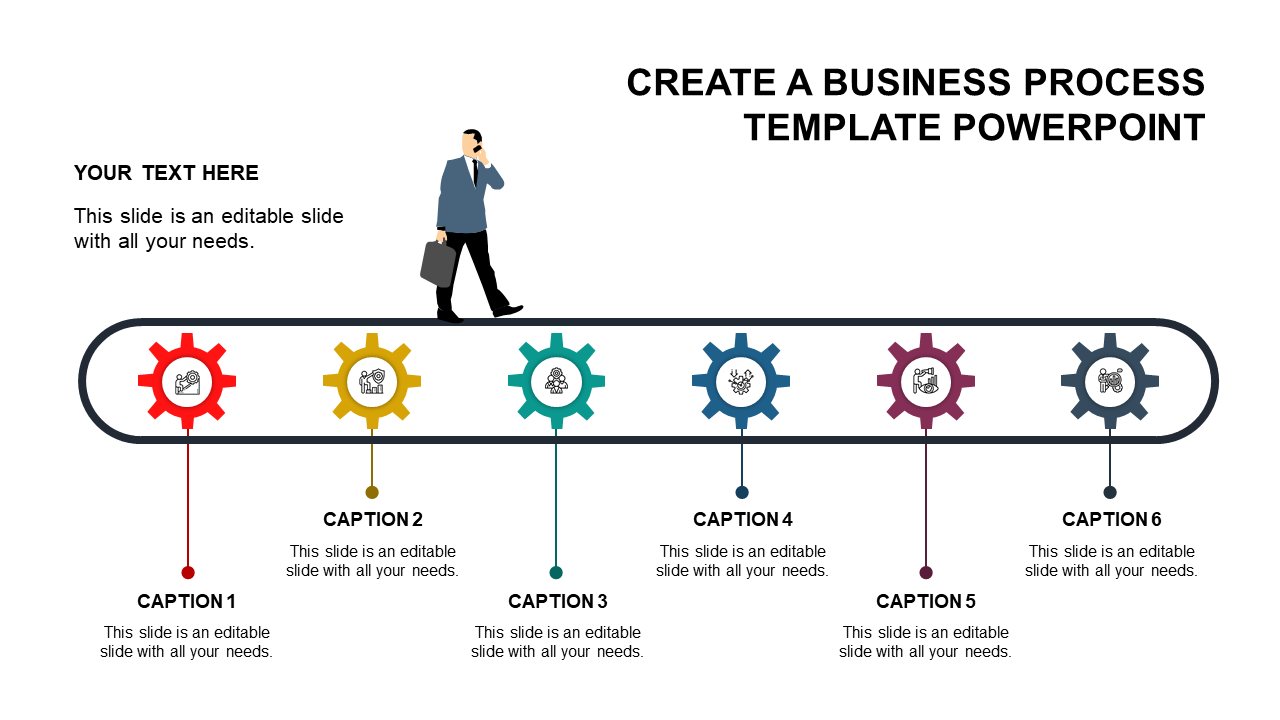 Business process slide with a man walking on a conveyor belt, featuring six colorful gears, and captions below.