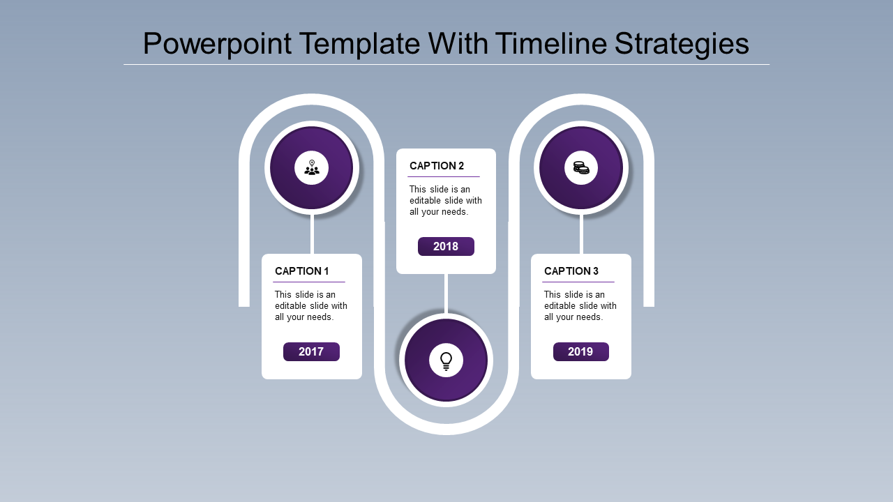 Timeline slide with three milestones, purple circular icons, and captions from 2017 to 2019 on a blue gradient background.