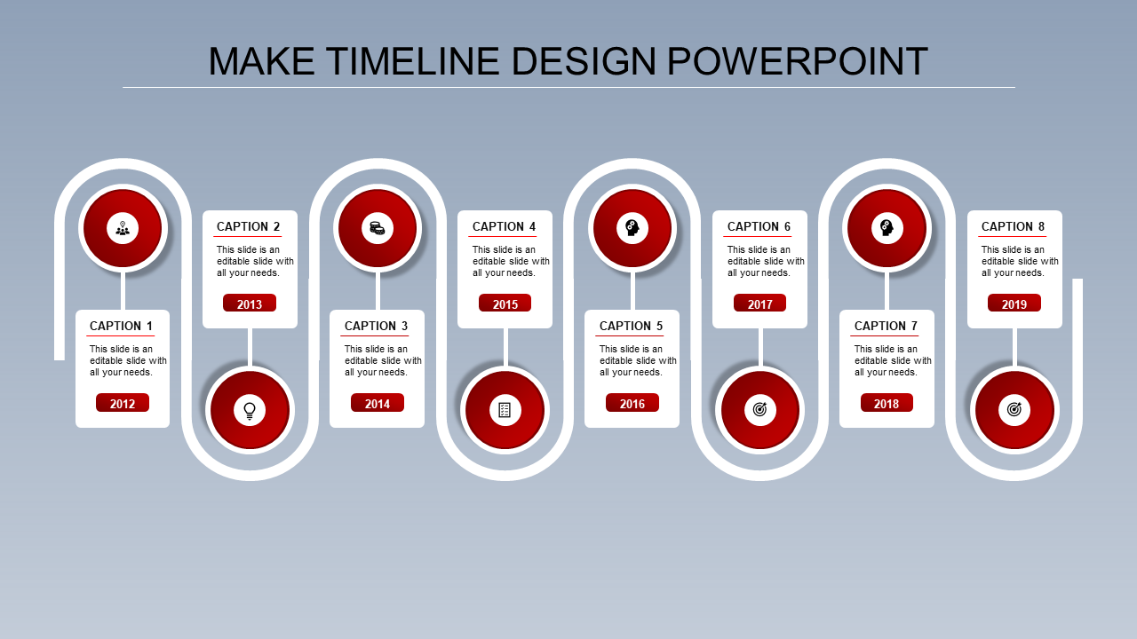 Horizontal timeline with eight red circular markers, each connected to a white text box, on a gray background.