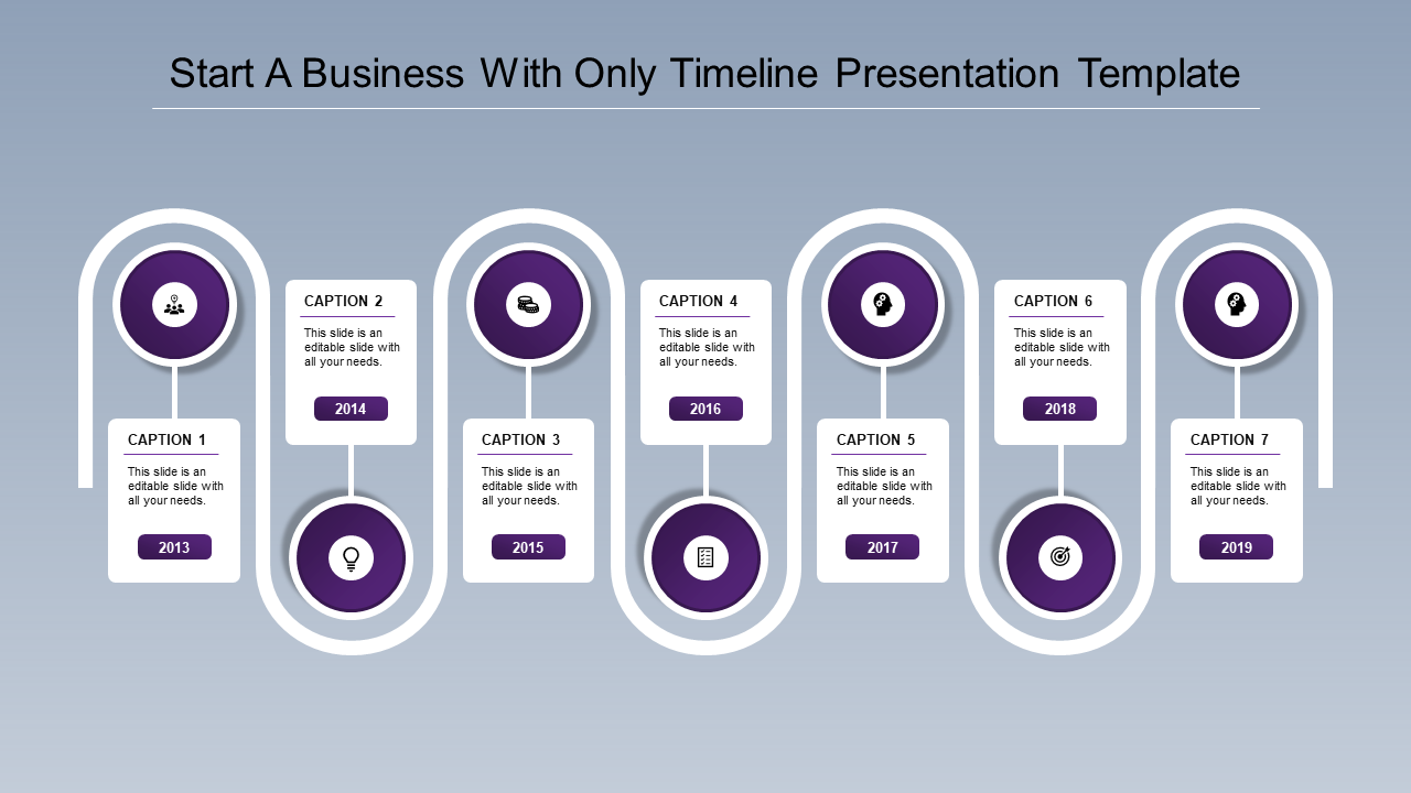 A modern timeline slide illustrating key milestones from 2013 to 2019, with captions for each year’s significant events.