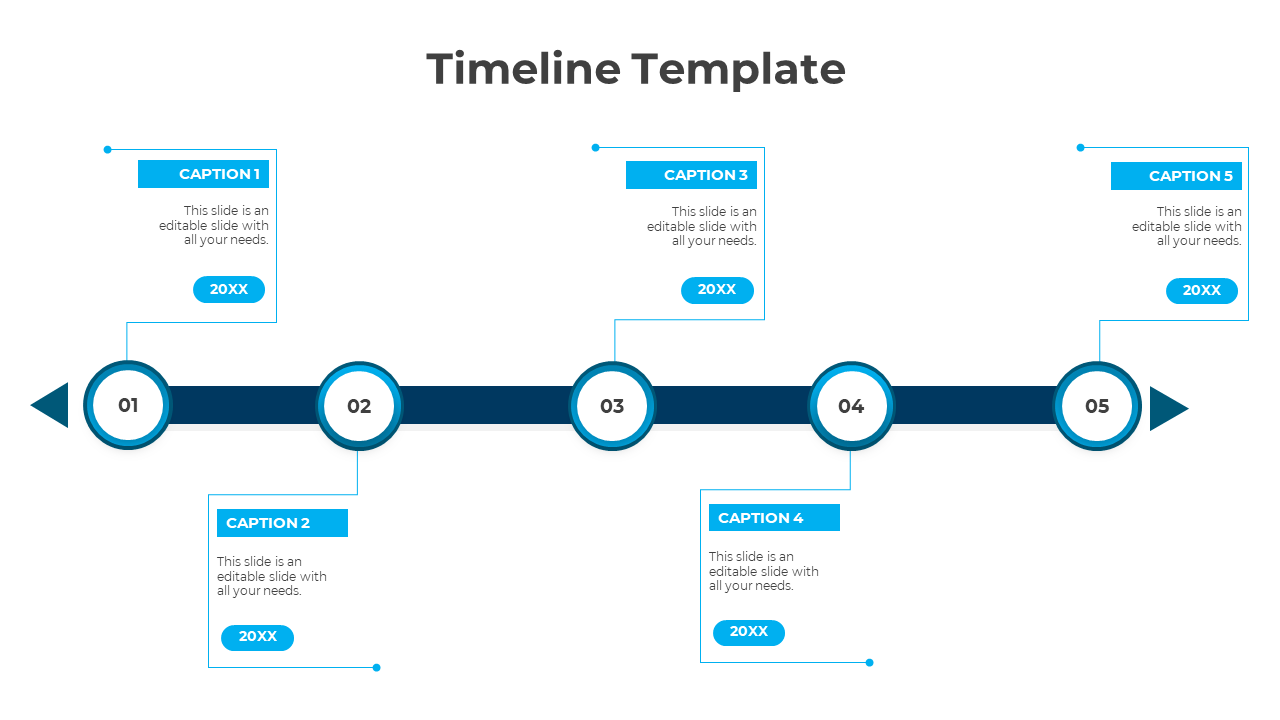 Five-step timeline template with numbered nodes on a dark horizontal bar, each linked to blue caption areas.