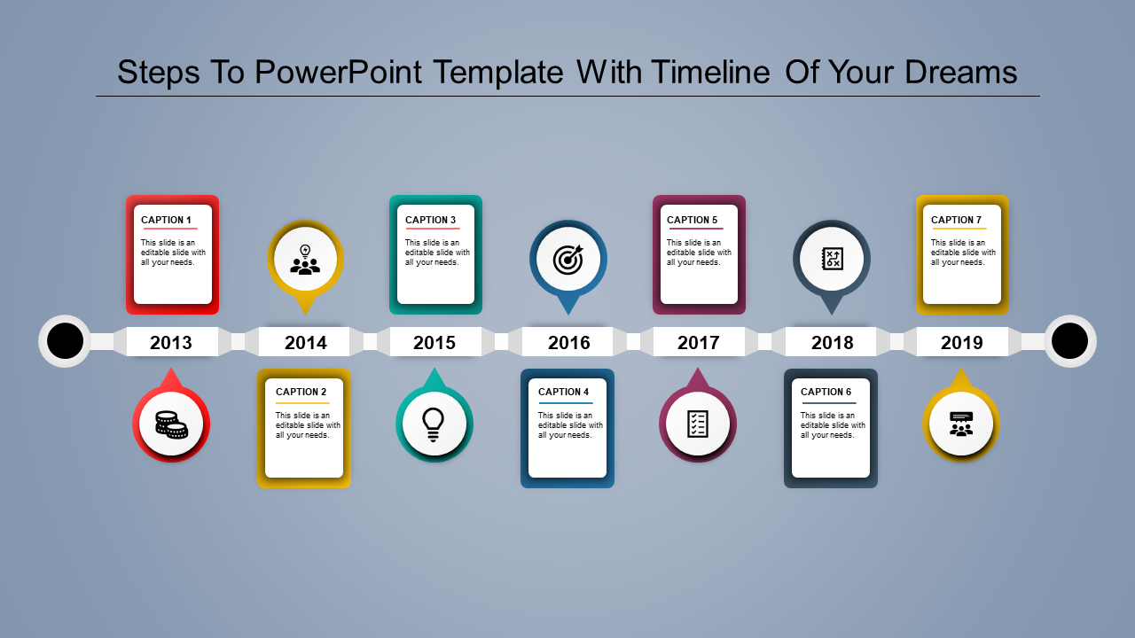 Slide showcasing a sequential timeline with seven stages, each represented by a colored circle and square caption box.