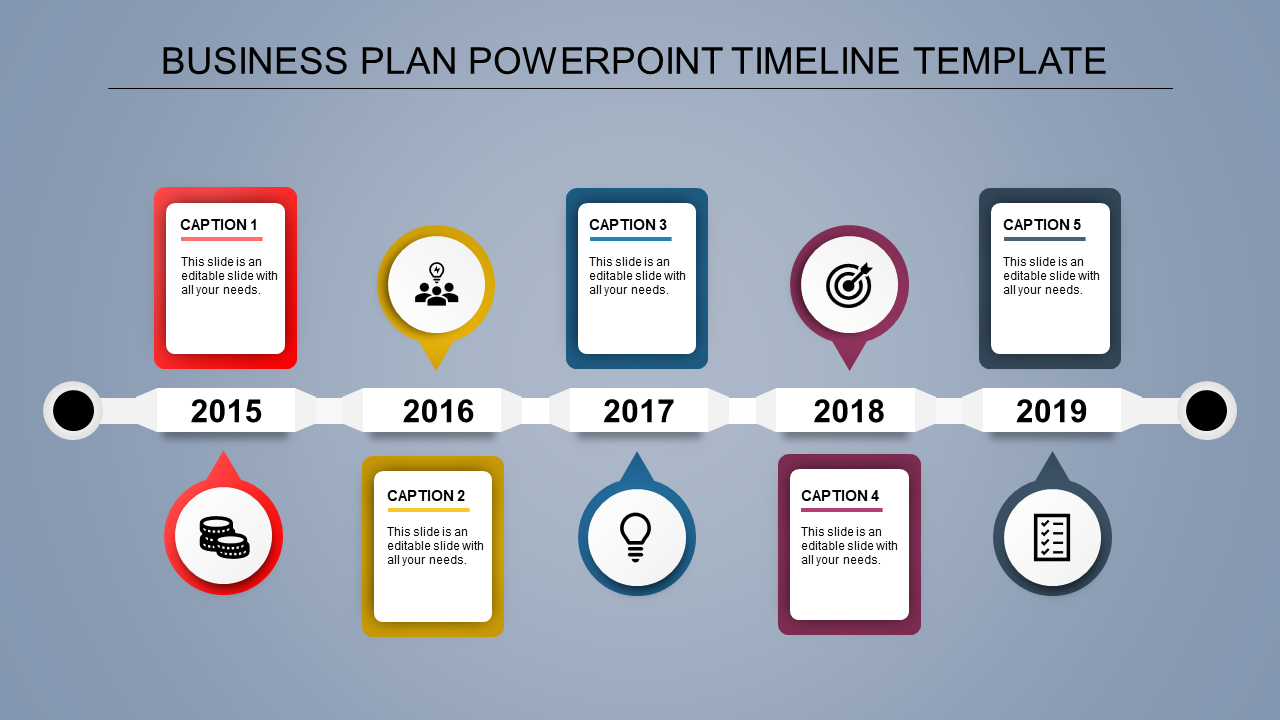 Timeline with year labels from 2015 to 2019, featuring colored circular icons and square caption boxes for each year.