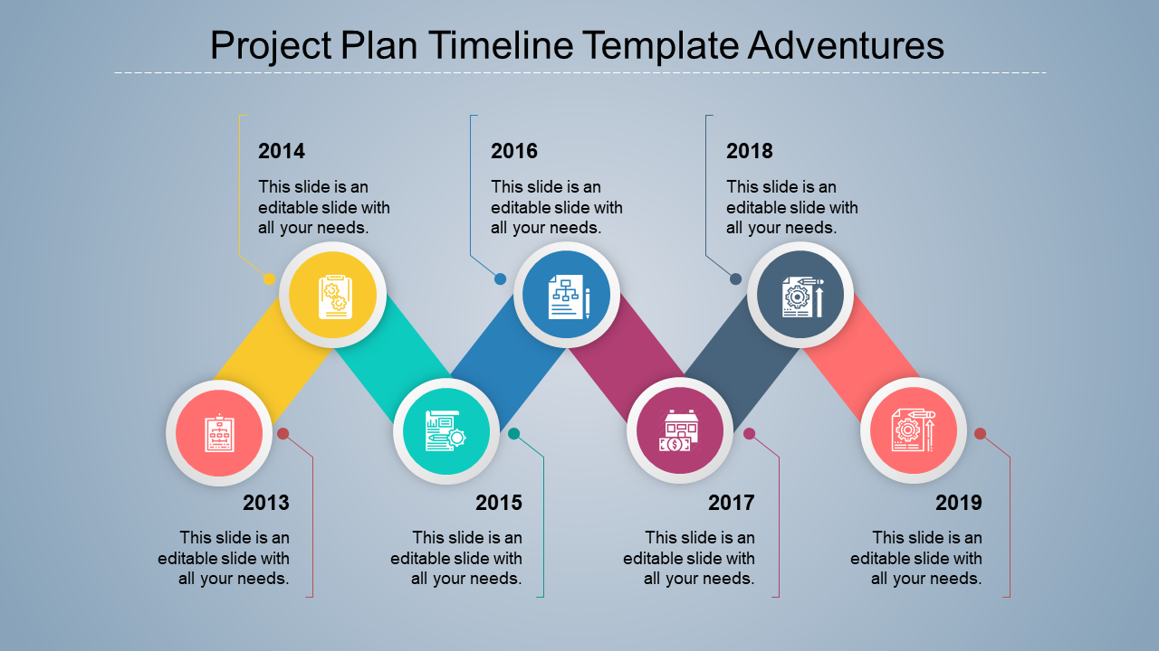 Colorful project plan timeline template with years 2013 to 2019, each with steps and colorful icons with placeholder text.